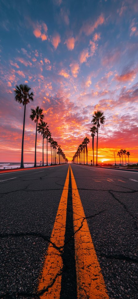 棕榈海岸公路夕阳橙粉天际风景手机壁纸