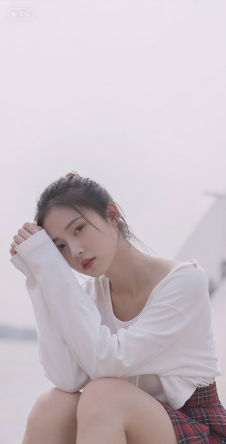 白衣格裙少女抱膝治愈清新美女手机壁纸