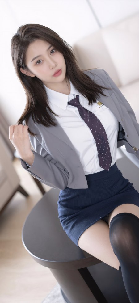 灰色西装紫领带黑丝学院风制服美女手机壁纸