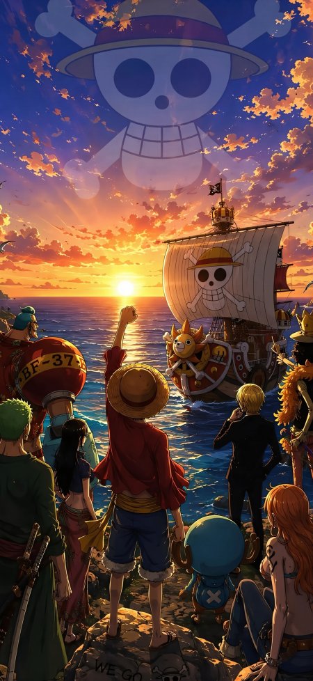海贼王草帽团夕阳海边启航冒险少女手机壁纸