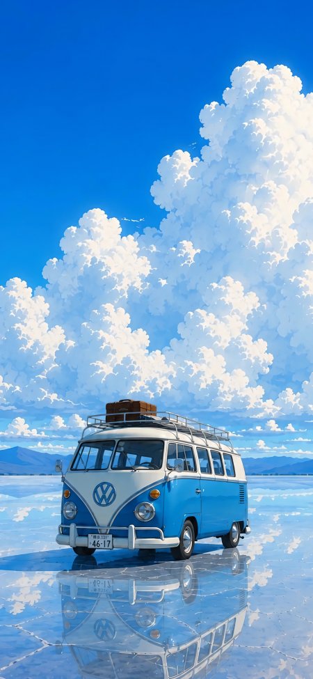 复古巴士盐湖镜像巨云夏日动漫风景手机壁纸