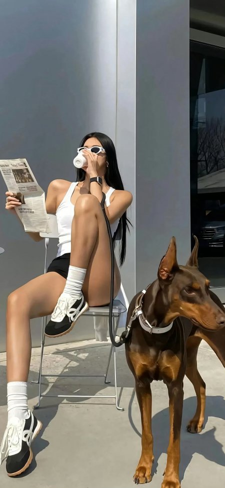 杜宾犬咖啡看报白背心酷飒美女手机壁纸