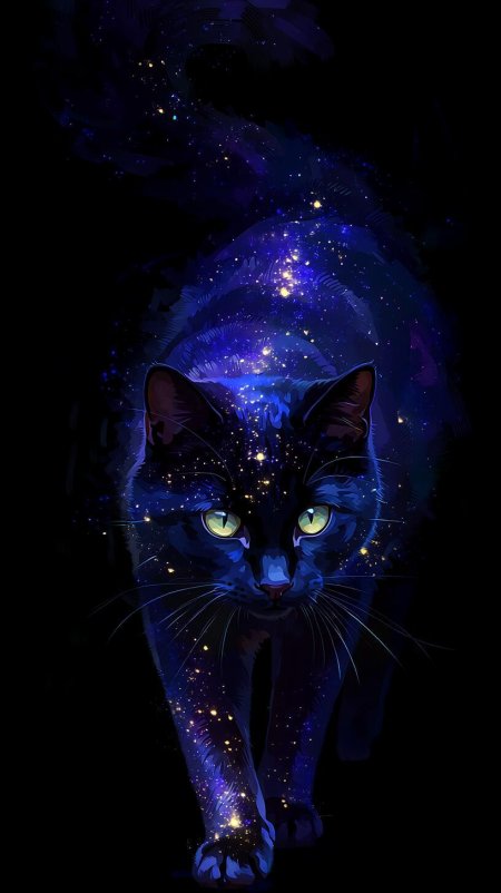 星空黑猫正面漫步金色星点荧光眼创意手机壁纸