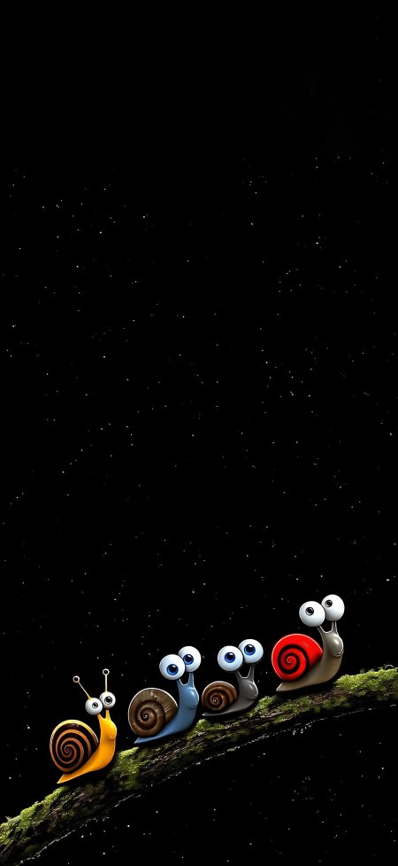 四只彩色蜗牛苔藓枝星空黑色动漫手机壁纸
