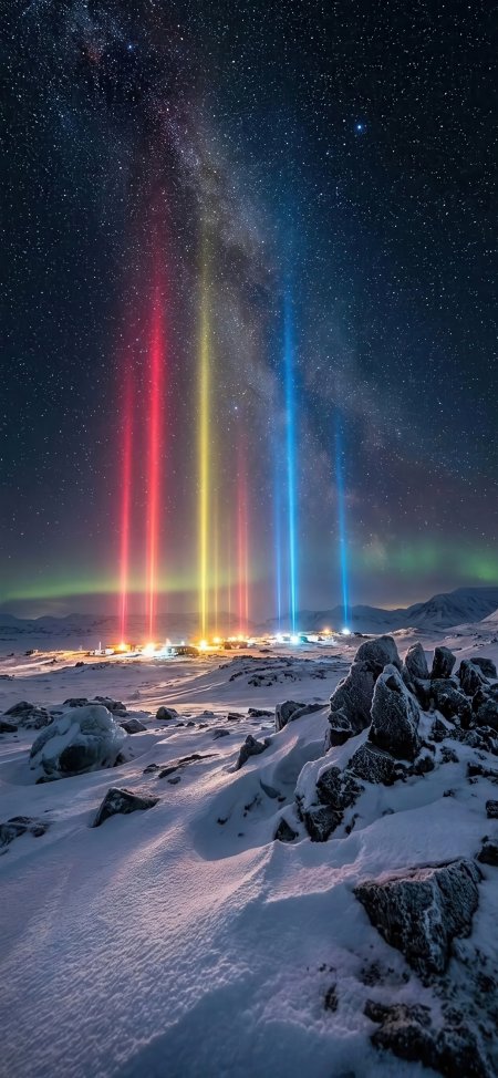北极光柱银河星空雪地极地梦幻治愈风景手机壁纸
