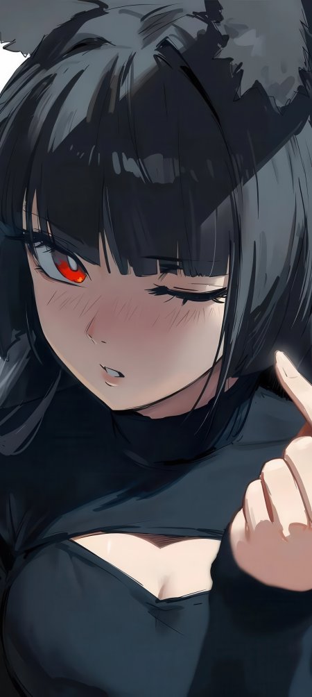 黑耳兽娘红瞳眨眼比心病娇少女动漫手机壁纸