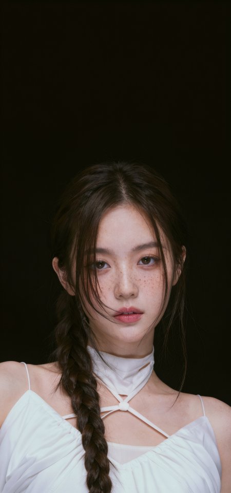 雀斑少女侧编发白色细带黑底清新人像美女手机壁纸
