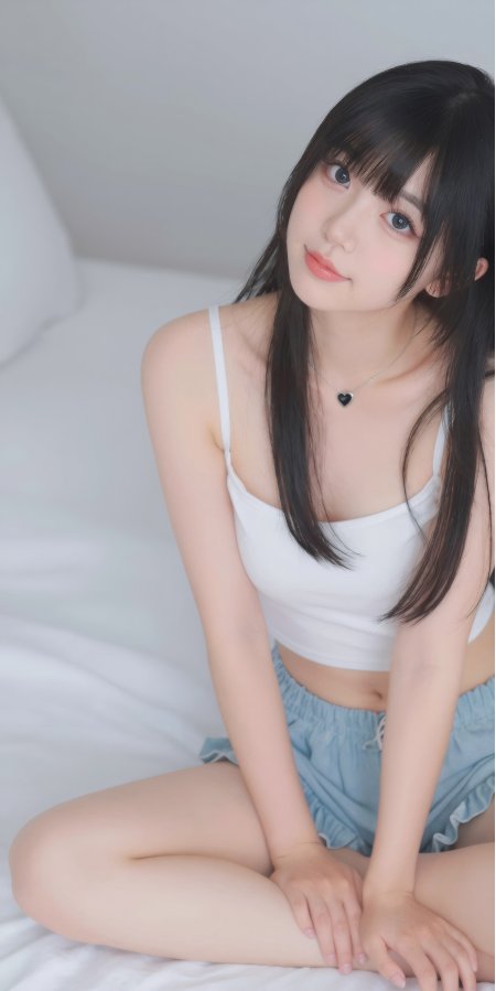 白色吊带蓝色睡裤盘腿床照清新治愈美女手机壁纸