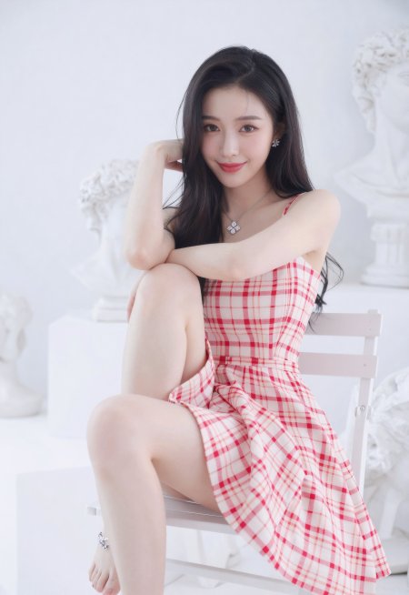 红白格吊带裙白背景石膏像美女手机壁纸