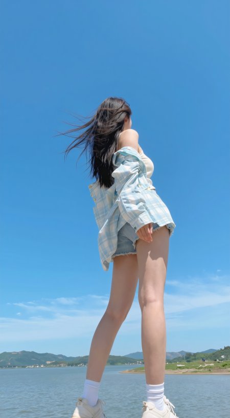格子衬衫牛仔短裤湖山远景背影夏日街拍美女手机壁纸