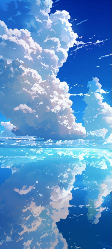 蓝天巨云湖面完美倒影唯美动漫风景手机壁纸