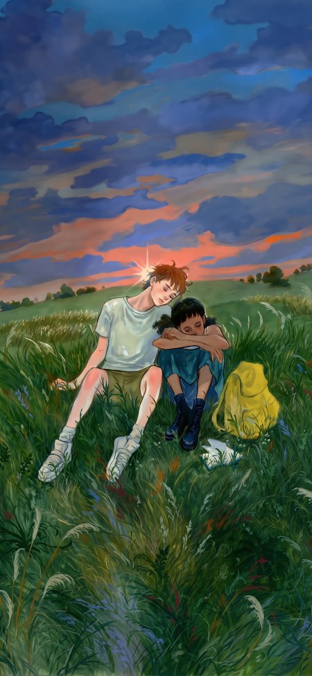 草地夕阳少年少女依偎治愈动漫手机壁纸