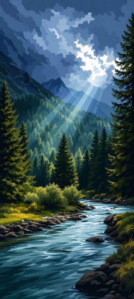 森林山谷丁达尔光束河流插画风景手机壁纸