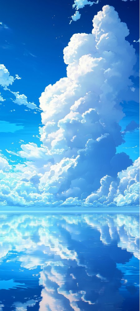 蔚蓝天空棉朵云层静水对称动漫风景手机壁纸