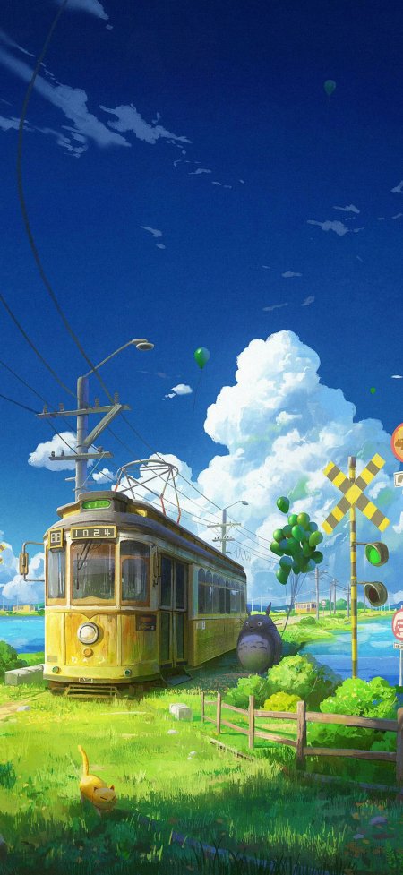 龙猫黄电车绿气球夏日乡间动漫风景手机壁纸