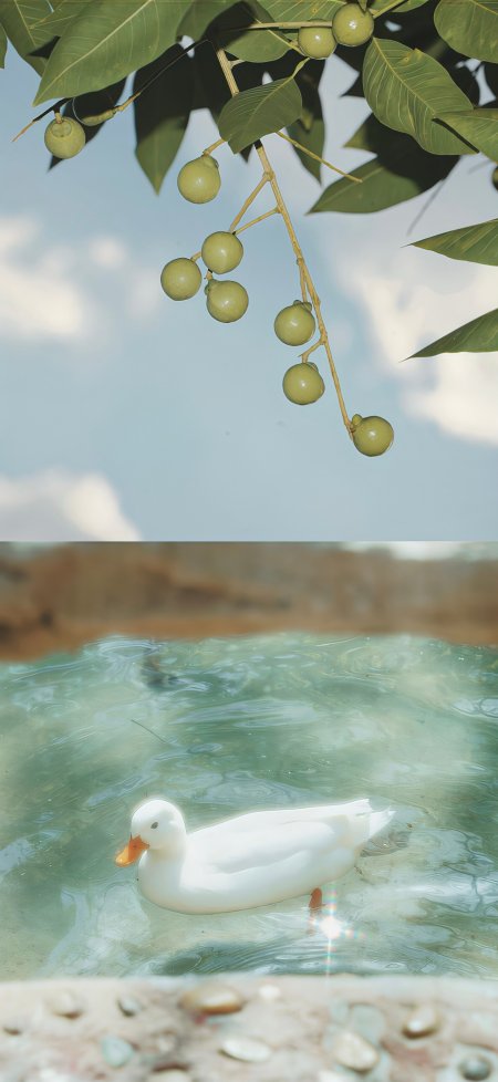 青果枝头白花白鸭碧水上下分镜清新自然风景手机壁纸