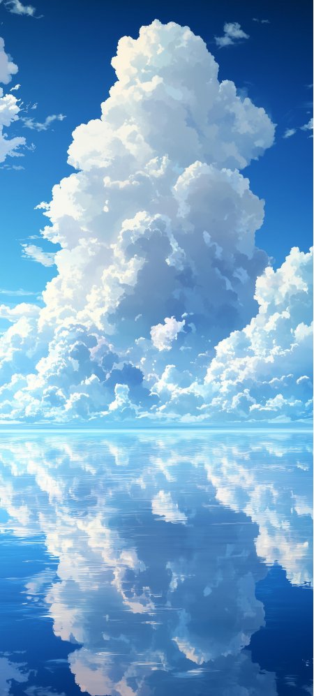 蔚蓝天空高耸白云静海镜面倒影治愈动漫风景手机壁纸