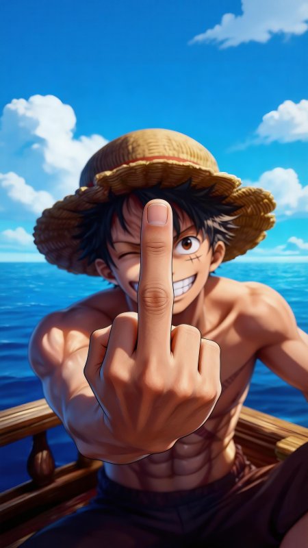 海贼王路飞草帽出海竖中指肌肉霸气二次元动漫手机壁纸