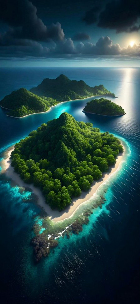 热带群岛航拍碧海白沙云光穿透风景手机壁纸