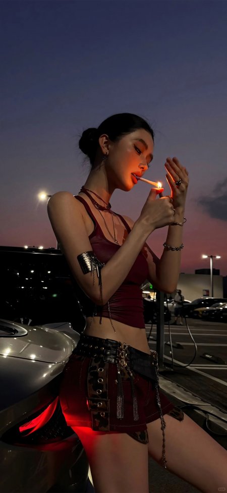 黄昏停车场点烟链条装酷感街拍美女手机壁纸