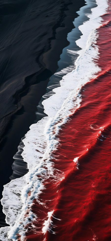 血红海水黑沙滩白浪俯拍超现实高对比自然风景手机壁纸