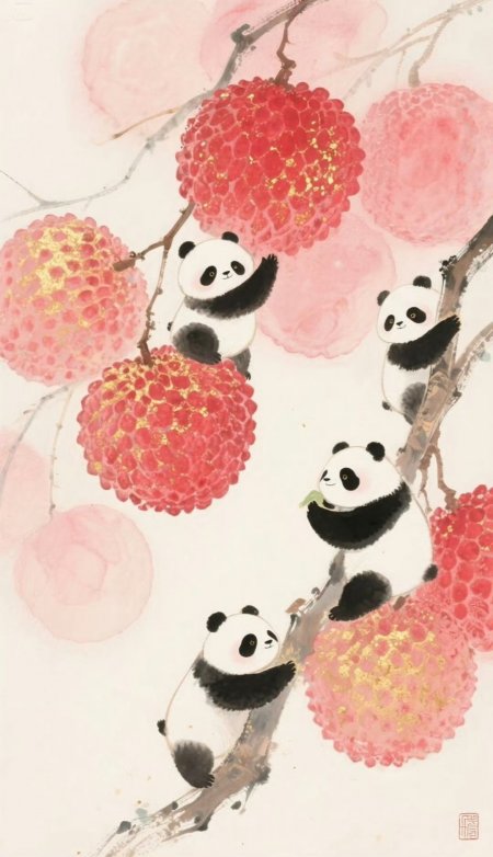 四熊猫玩红荔金箔水墨插画创意手机壁纸