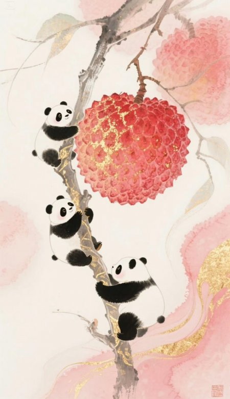 熊猫幼崽攀枝红荔金粉云雾插画创意手机壁纸