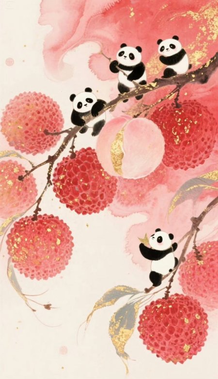 四熊猫枝头荔桃金箔水墨插画创意手机壁纸