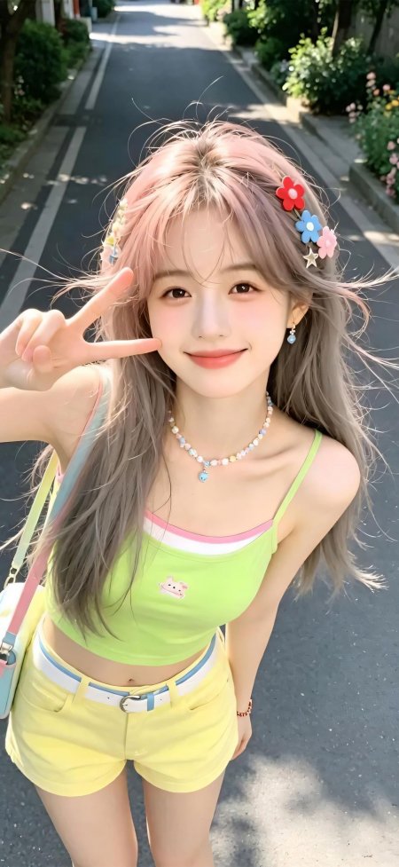 粉花发夹绿背心比耶夏日AI少女创意手机壁纸