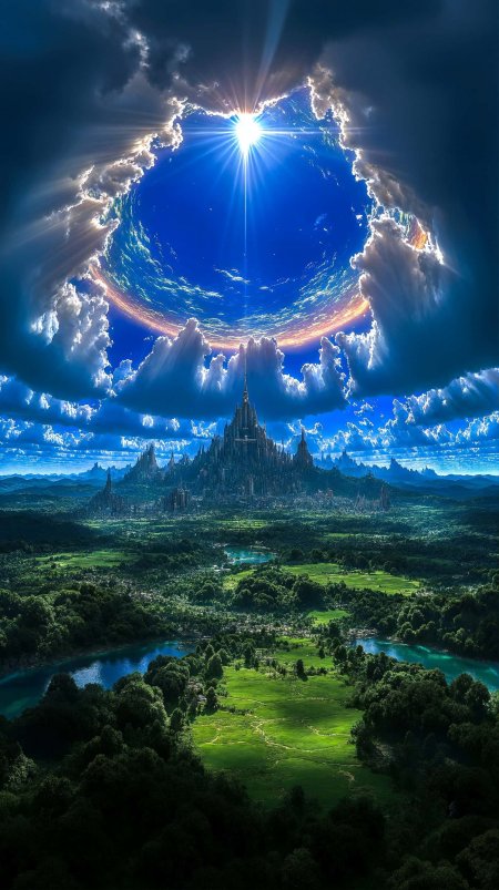 云海天穹圆洞阳光哥特尖塔绿谷史诗奇幻风景手机壁纸