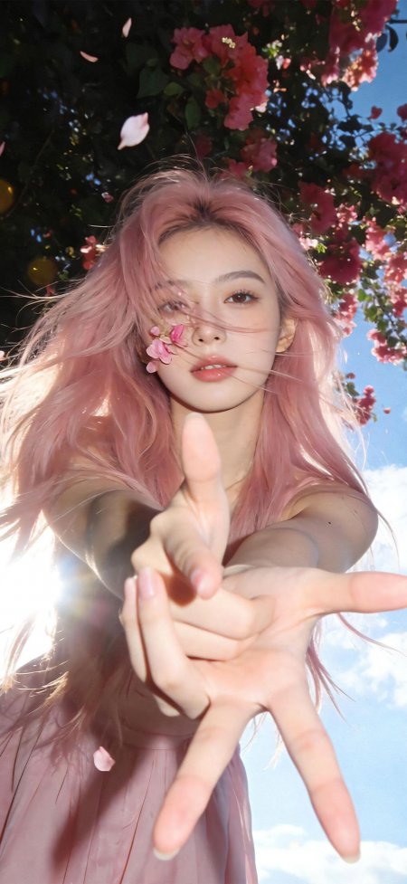 粉发蓝空三角梅伸手梦幻少女情感文艺手机壁纸