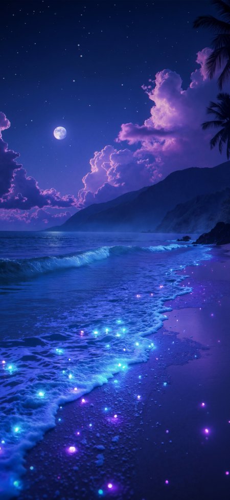 满月紫色云层荧光海滩梦幻夜景风景手机壁纸