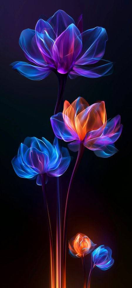 黑底霓虹发光五朵梦幻花朵创意手机壁纸