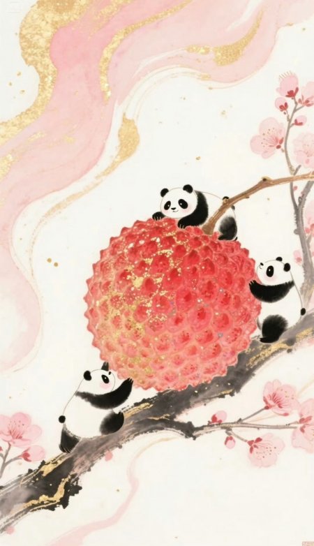 幼崽熊猫攀枝荔丹桃花金箔插画创意手机壁纸