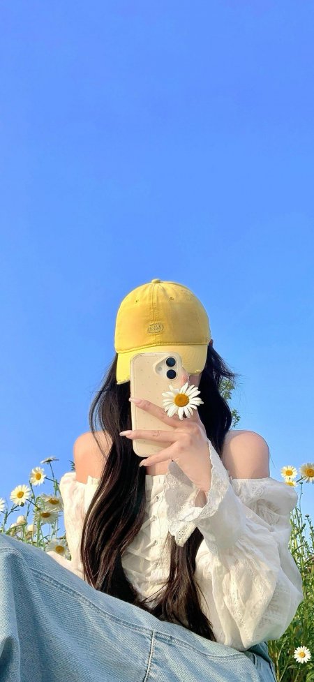 雏菊田黄帽手机遮脸白色蕾丝自拍美女手机壁纸