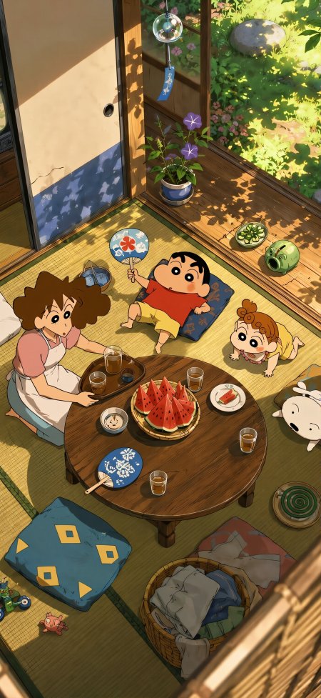 蜡笔小新夏日庭院吃瓜玩水治愈动漫手机壁纸