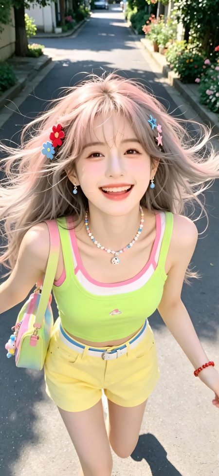 粉灰渐变发绿背心黄裤笑脸AI少女创意手机壁纸