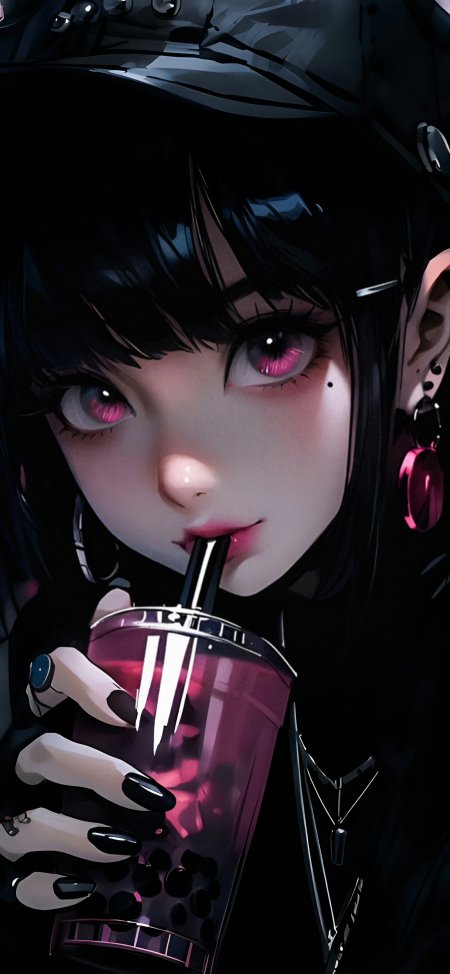 粉瞳黑帽少女喝珍珠奶茶暗黑风动漫手机壁纸