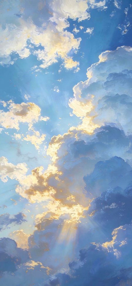 油画金色云阳光芒梦幻天空风景手机壁纸