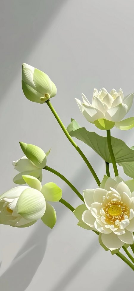 白莲含苞待放淡绿茎叶极简清新风景手机壁纸