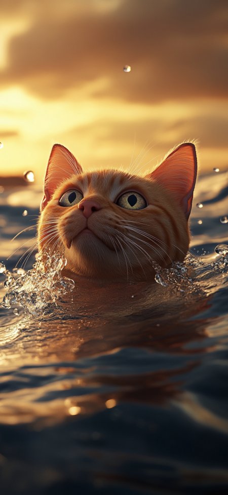 夕阳大海橘猫游泳溅水治愈萌宠摄影手机壁纸