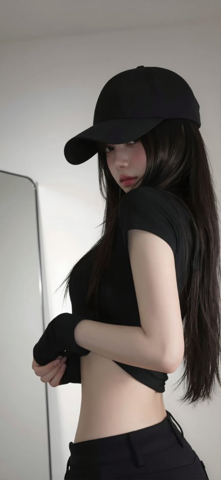 棒球帽黑装美女侧脸回眸极简人像手机壁纸