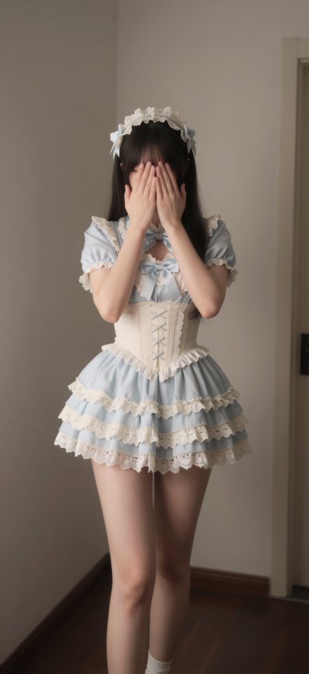 浅蓝蕾丝洛丽塔美女遮脸甜系摄影手机壁纸