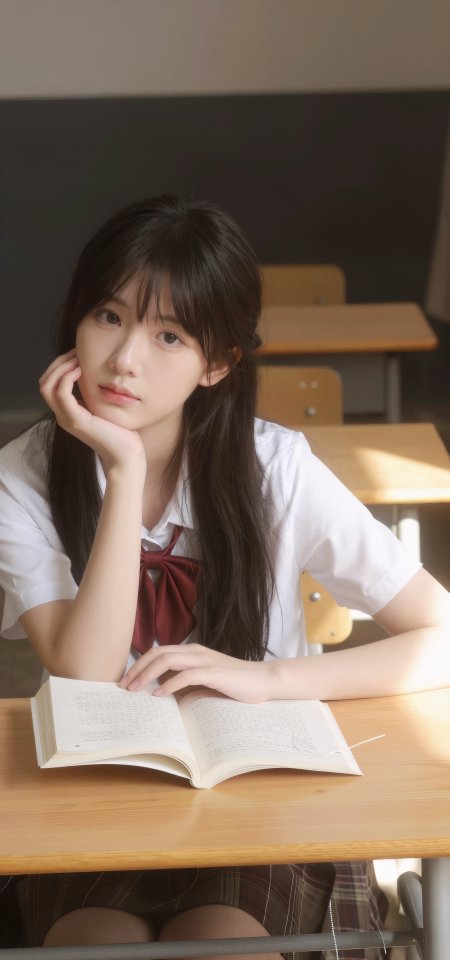 教室书桌美女酒红领结校服摄影手机壁纸