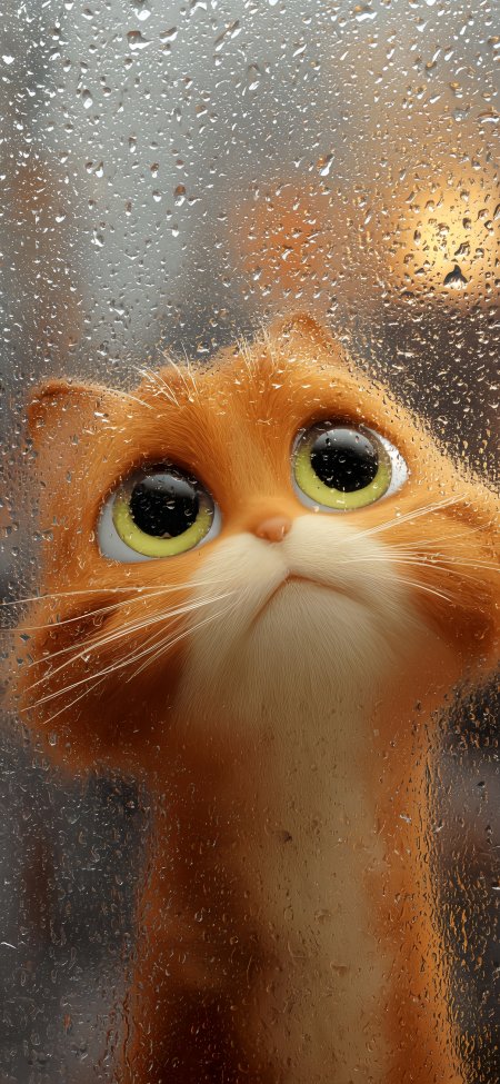 橘色小猫泪汪汪凝视雨滴玻璃窗治愈创意手机壁纸