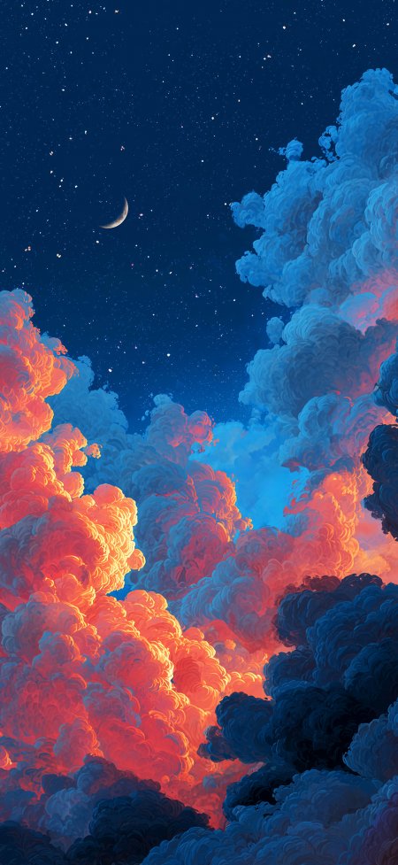 梦幻夜空弯月繁星橙蓝云朵插画创意手机壁纸