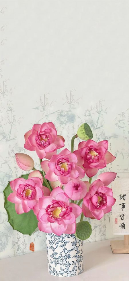 国风粉色荷花青瓷瓶诸事皆顺风景手机壁纸