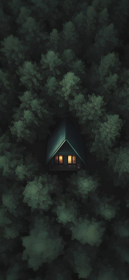 深夜森林木屋暖黄灯光航拍治愈风景手机壁纸