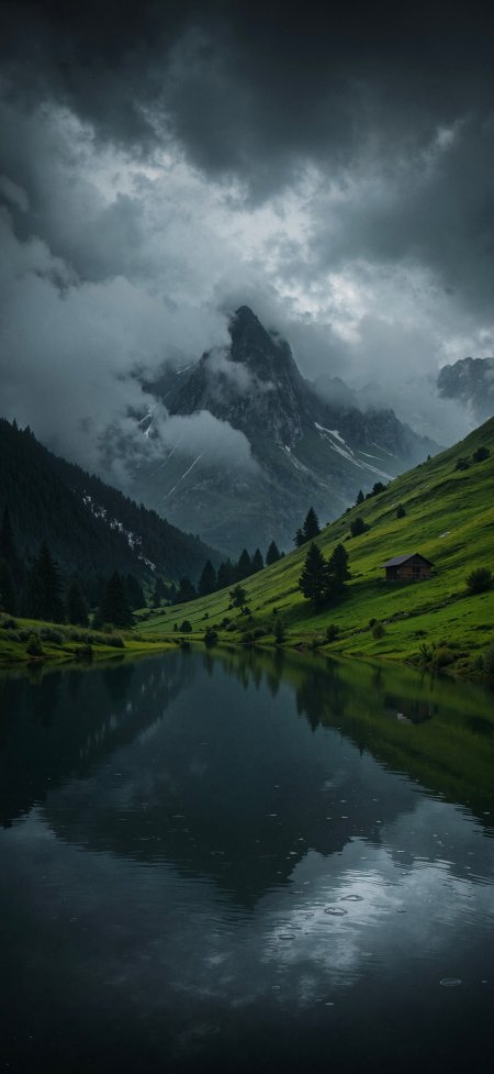 幽暗雪山湖泊木屋云雾倒影静谧风景手机壁纸