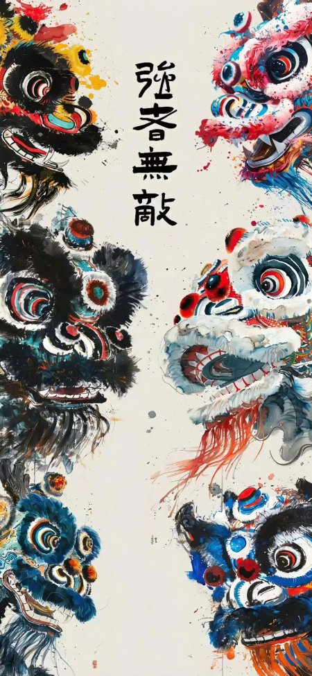 五头醒狮强者无敌书法水墨插画创意手机壁纸